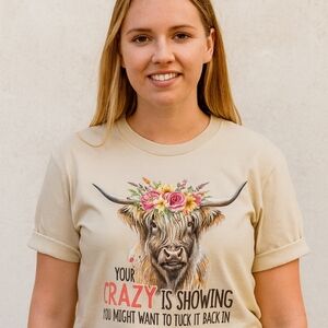 Highland Cow Floral Graphic Tee | Funny Western Boho Shirt, Crazy Is Showing